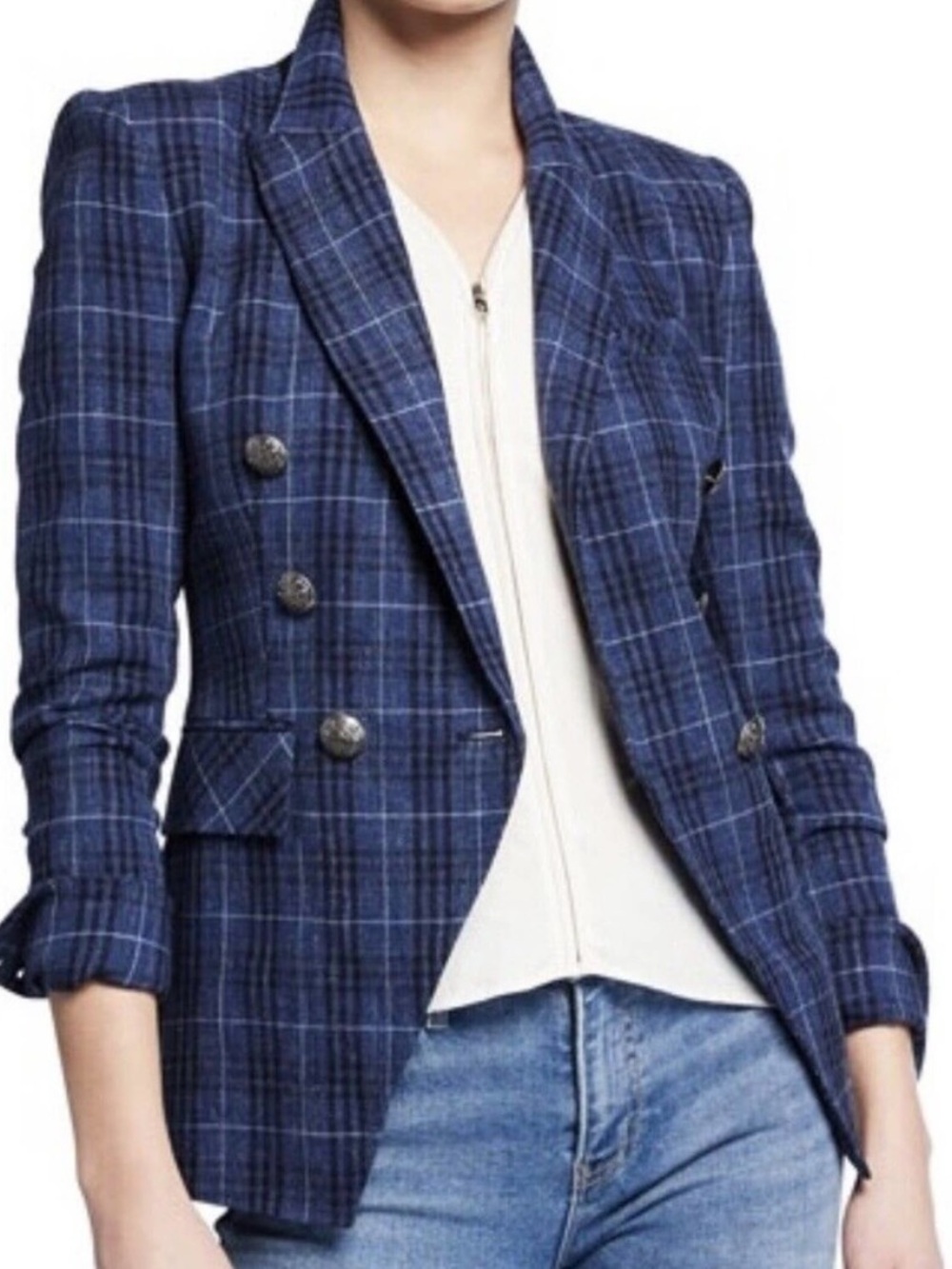 $698 Veronica Beard Miller Blue Plaid Wool Blend Dickey Jacket blazer Size 0